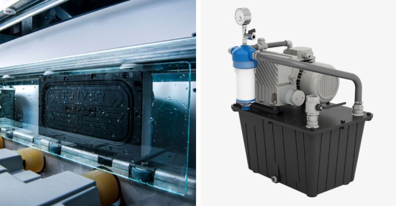Bei der industriellen Glasbearbeitung mit Wasser werden Vakuumanlagen CPV 25/25 eingesetzt.  