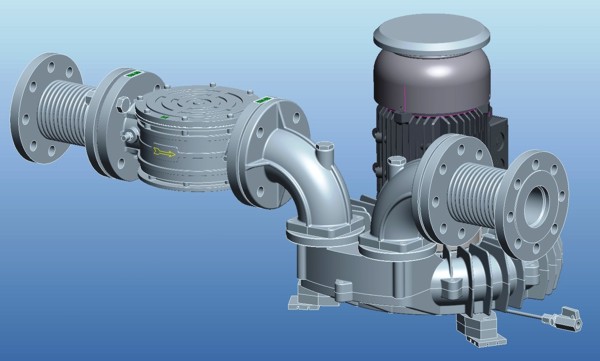 Darstellung des 3D-Modells eines ATEX-Seitenkanalverdichters mit Kompakt-Bypass und Filter